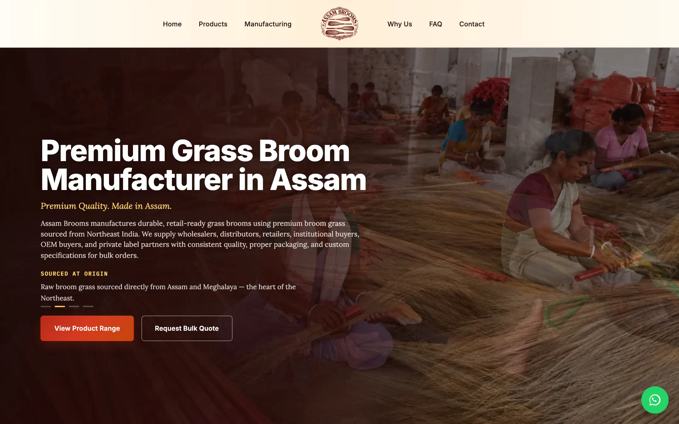 The Assam Brooms homepage: “Premium Grass Broom Manufacturer in Assam” over a photograph of workers binding brooms, with product and quote buttons.
