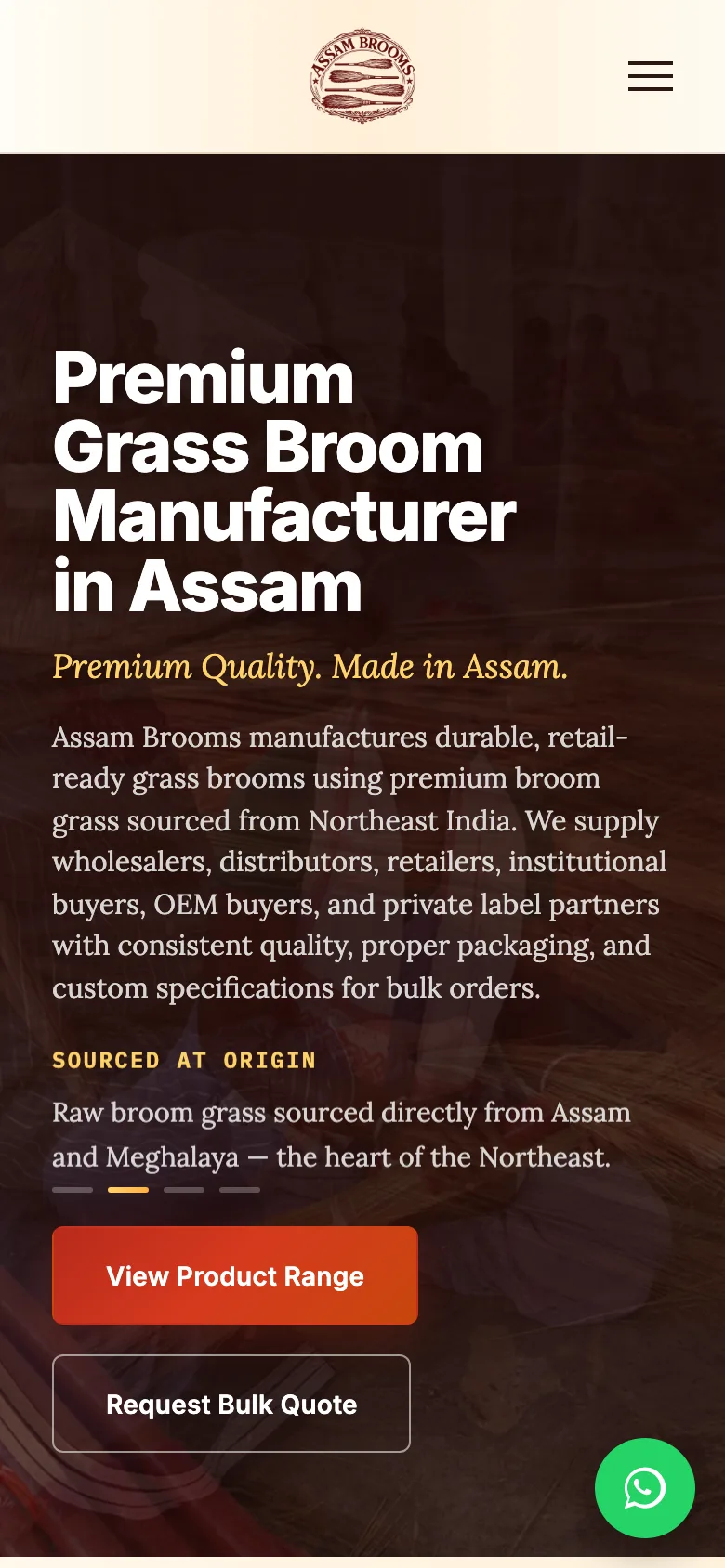The Assam Brooms homepage on a phone.