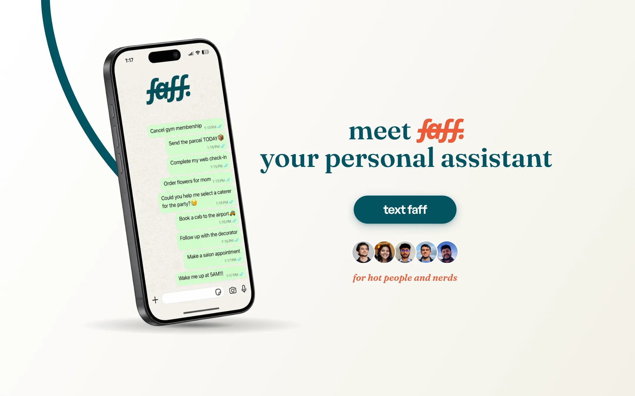 The FAFF homepage: a phone showing a WhatsApp chat of everyday requests beside the headline “meet faff, your personal assistant”.